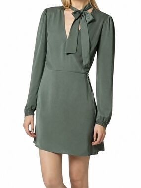 Avec Les Filles Sage Green Wrap Mini Dress Medium Long Sleeve Tie Neck Boho Chic